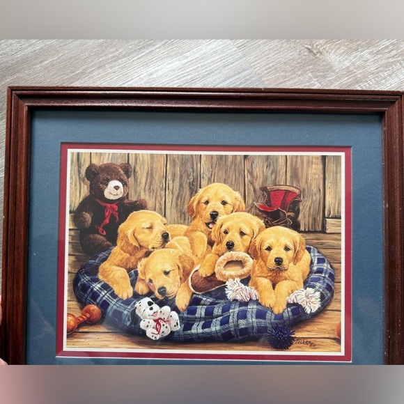 VTG 97 Linda Picken Dog Puppy Frame Drawing Reprint Golden Retriever Teddy Bear - Picture 2 of 5
